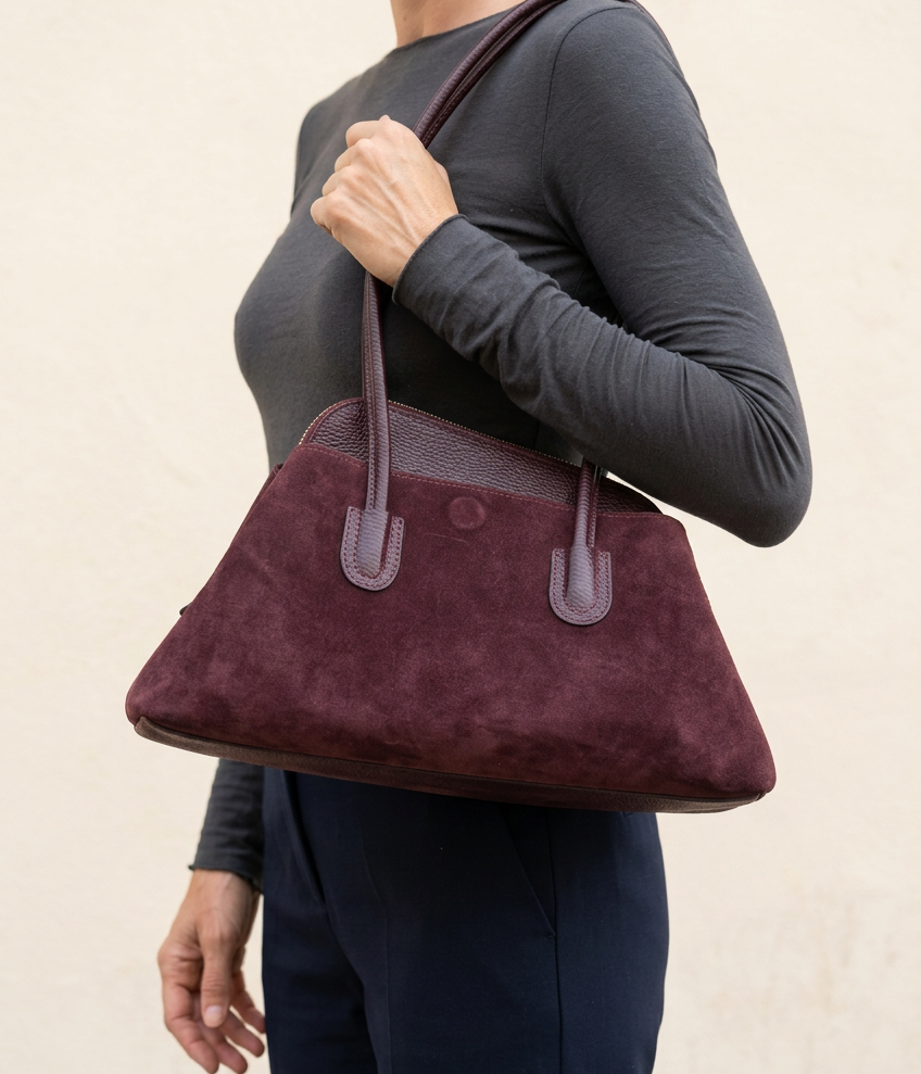 Borsa bordeaux indossata, stile editoriale senza viso